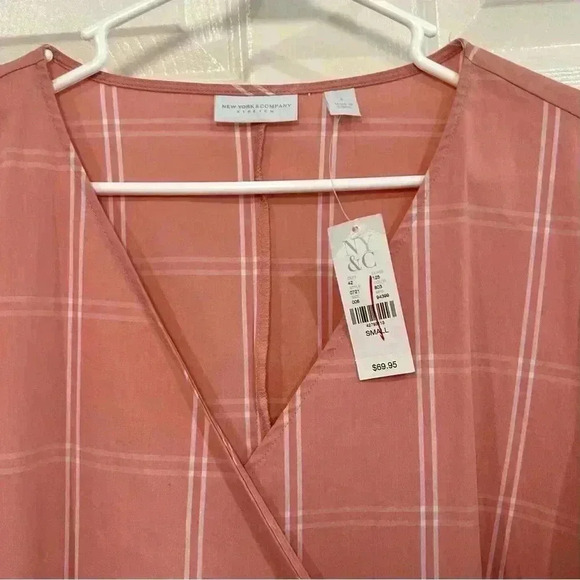 New York & Company Dress Women Size S Pink White Plaid Tulip Hem Wrap V Neck NWT - Picture 7 of 10